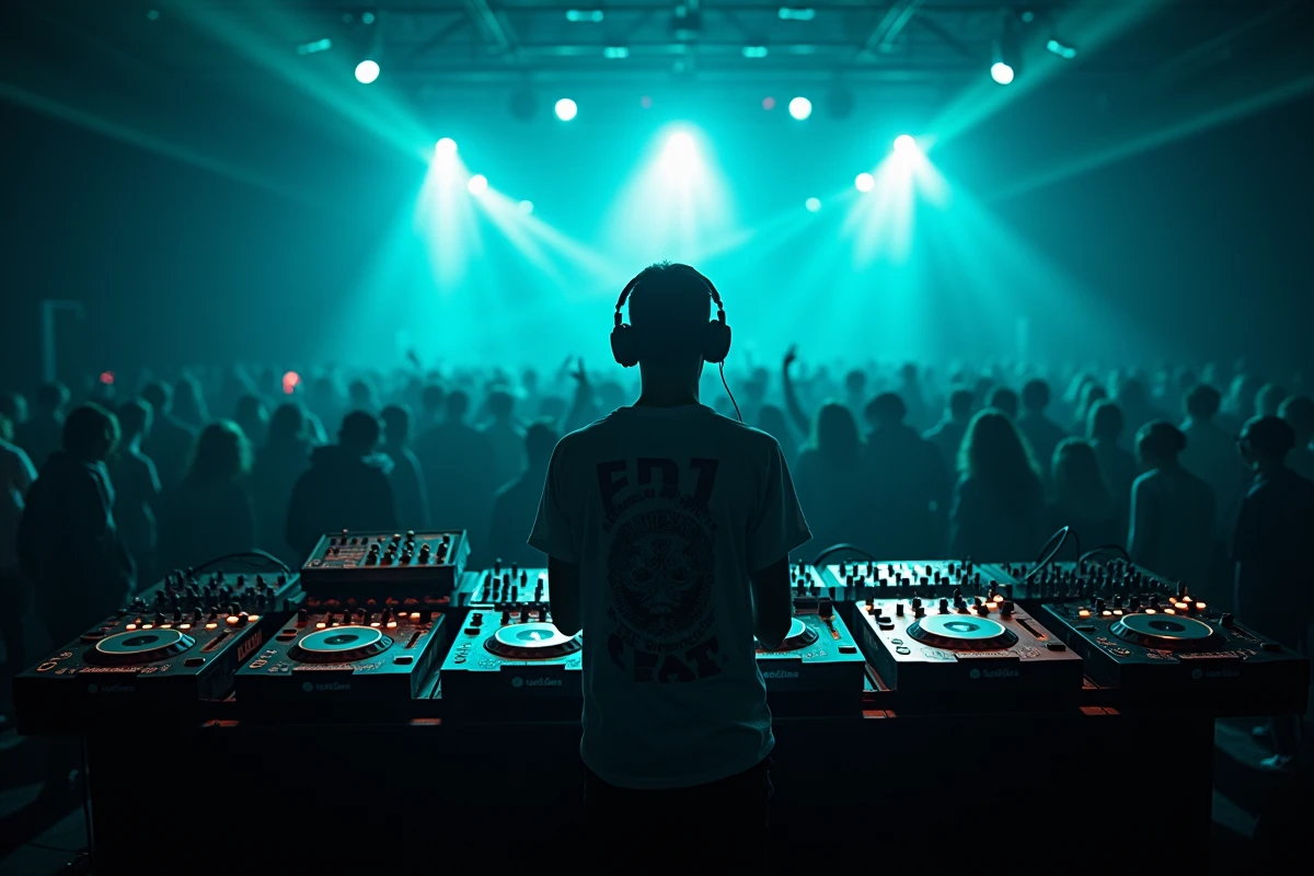 DJ dans sa cabine vue de dos devant la foule d'un club électronique parisien avec des lasers en arrière-plan
