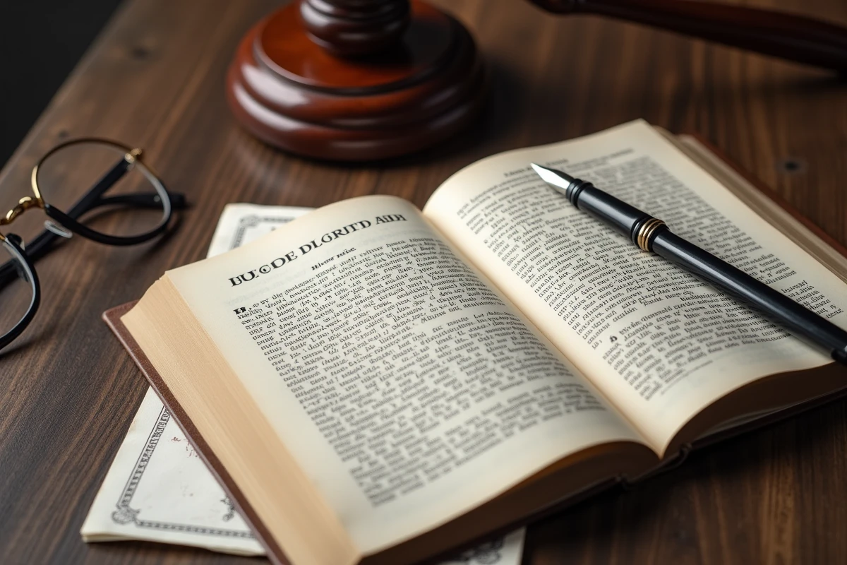 Livre de droit français ouvert sur un bureau en bois avec un stylo plume et un jugement tamponné, symbolisant la définition juridique du terme débouter lors d'un procès