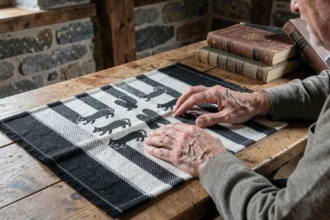 Mains d'un homme âgé traçant les hermines sur un drapeau breton Gwenn-ha-Du posé sur une table en chêne dans une ferme bretonne en pierre