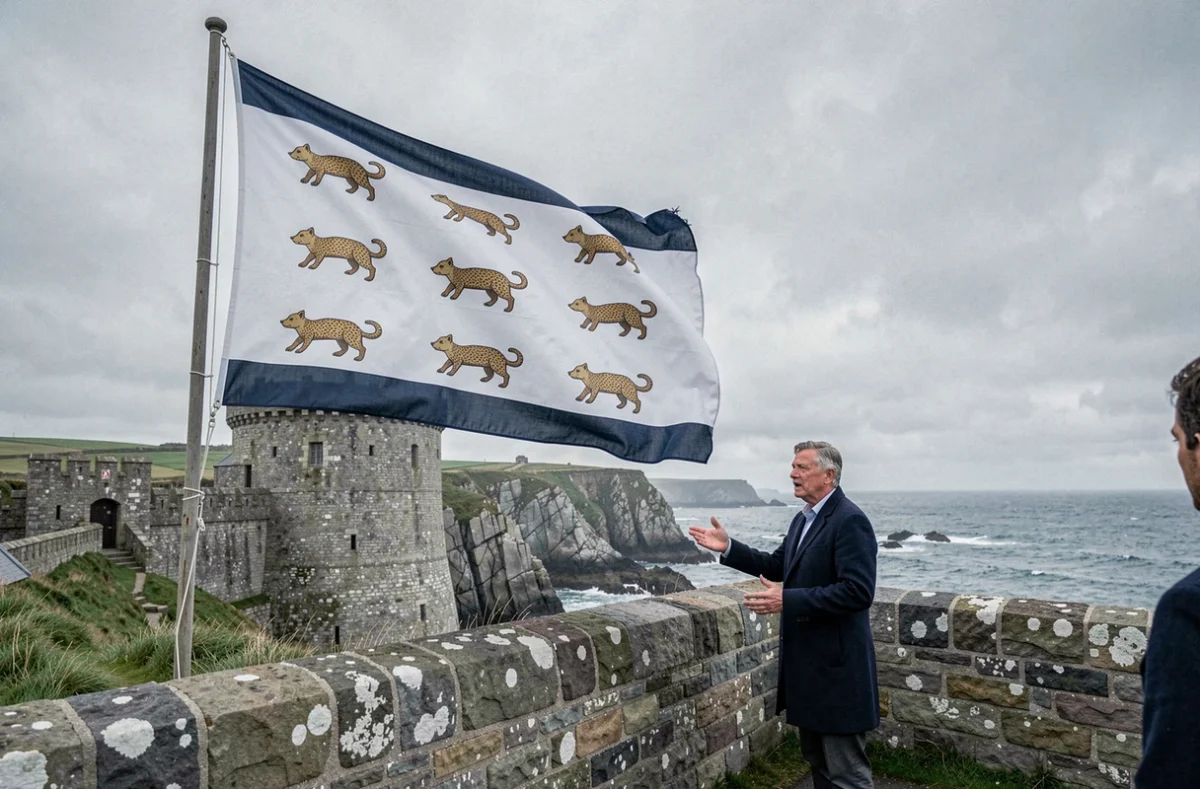 Historien présentant le drapeau breton Gwenn-ha-Du sur les remparts d'un château médiéval face à la côte atlantique bretonne