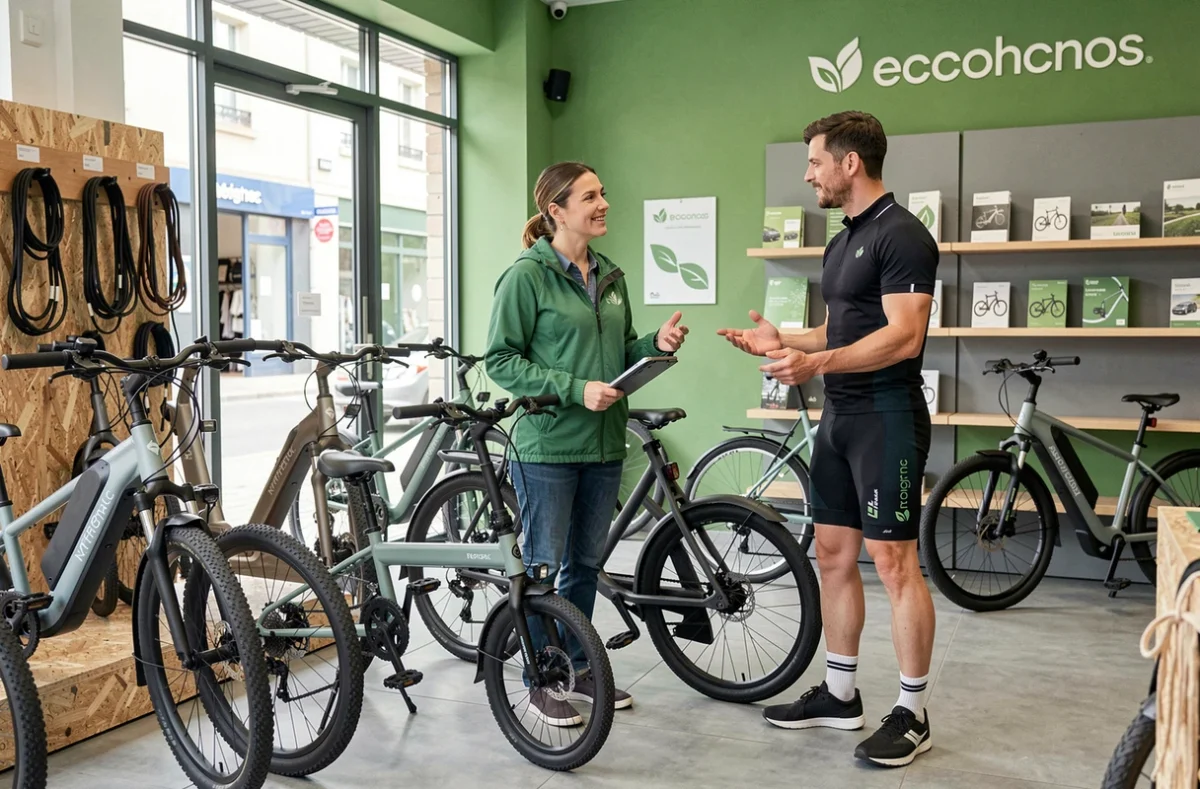 Écocycle Mérignac avec une conseillère présentant un vélo électrique pliant à un client dans une boutique aux tons verts