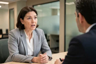 Femme en entretien professionnel écoutant attentivement une question posée par un recruteur dans un bureau moderne