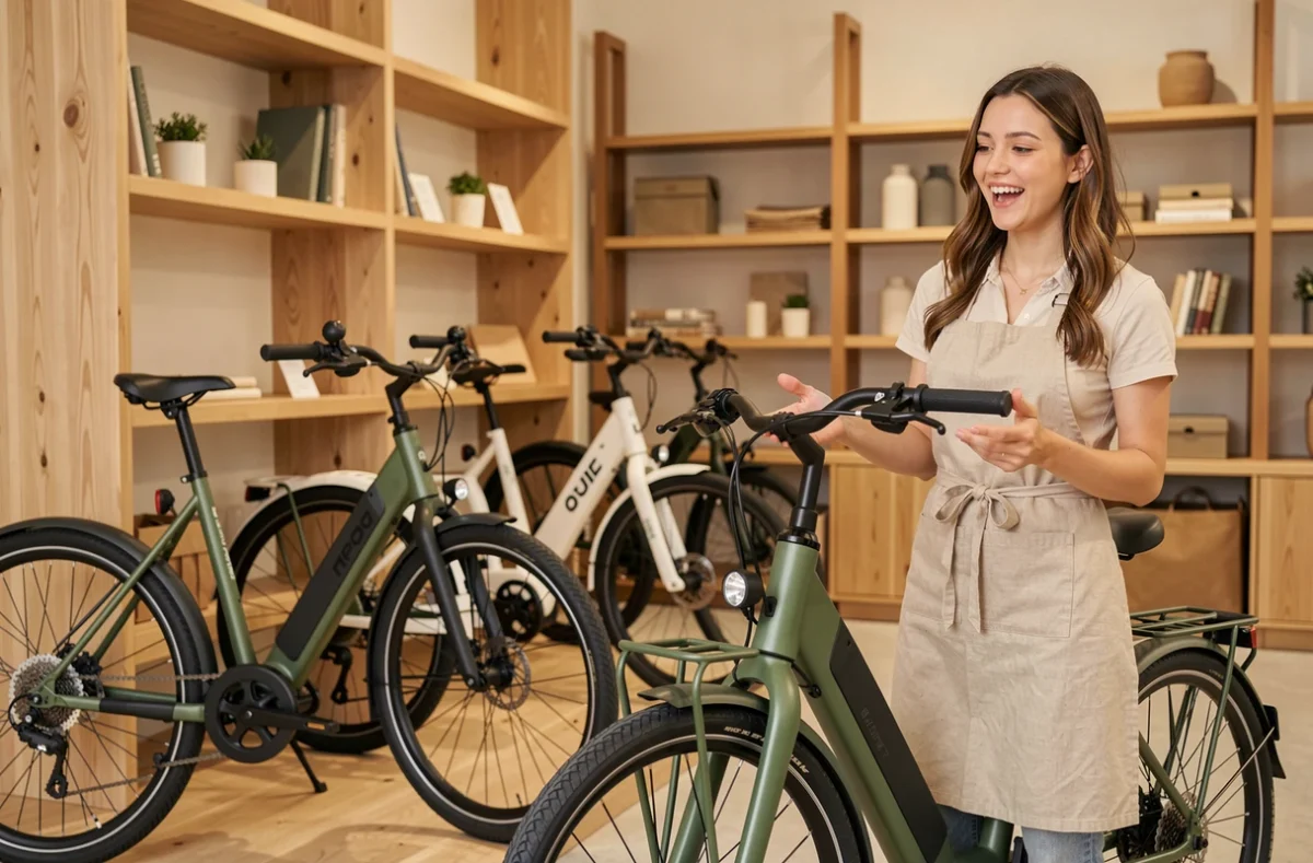 Boutique Ecox Bordeaux avec des vélos électriques écologiques et une vendeuse présentant un vélo cargo