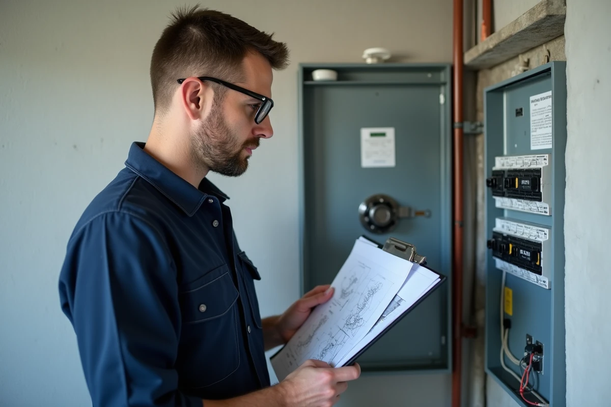 Électricien professionnel inspectant un tableau électrique domestique avec une planche de circuits bien organisée