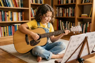 Jeune fille apprenant la guitare acoustique avec des partitions posées sur un pupitre dans un salon chaleureux