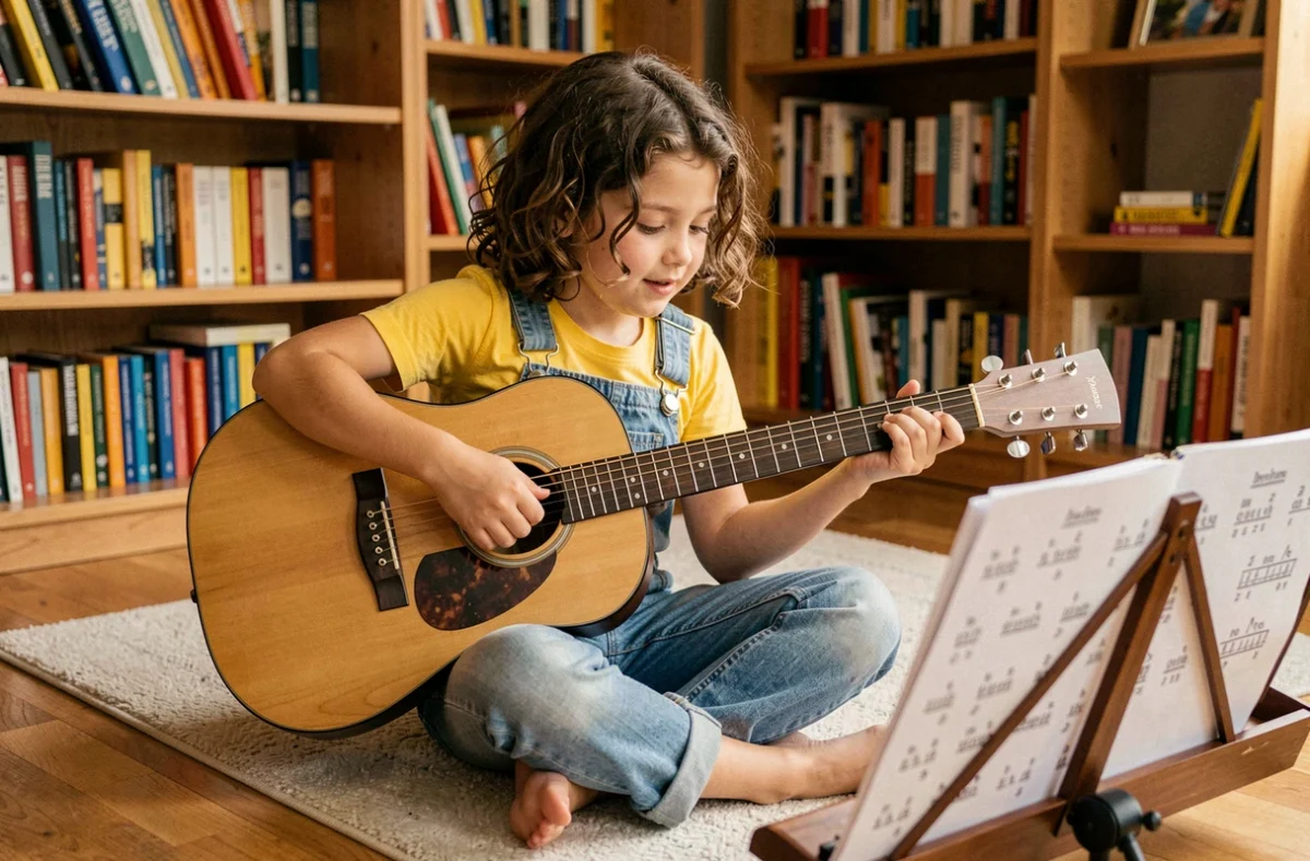 Jeune fille apprenant la guitare acoustique avec des partitions posées sur un pupitre dans un salon chaleureux