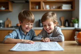 Garçon et mère concentrés sur un livre de puzzles à la maison