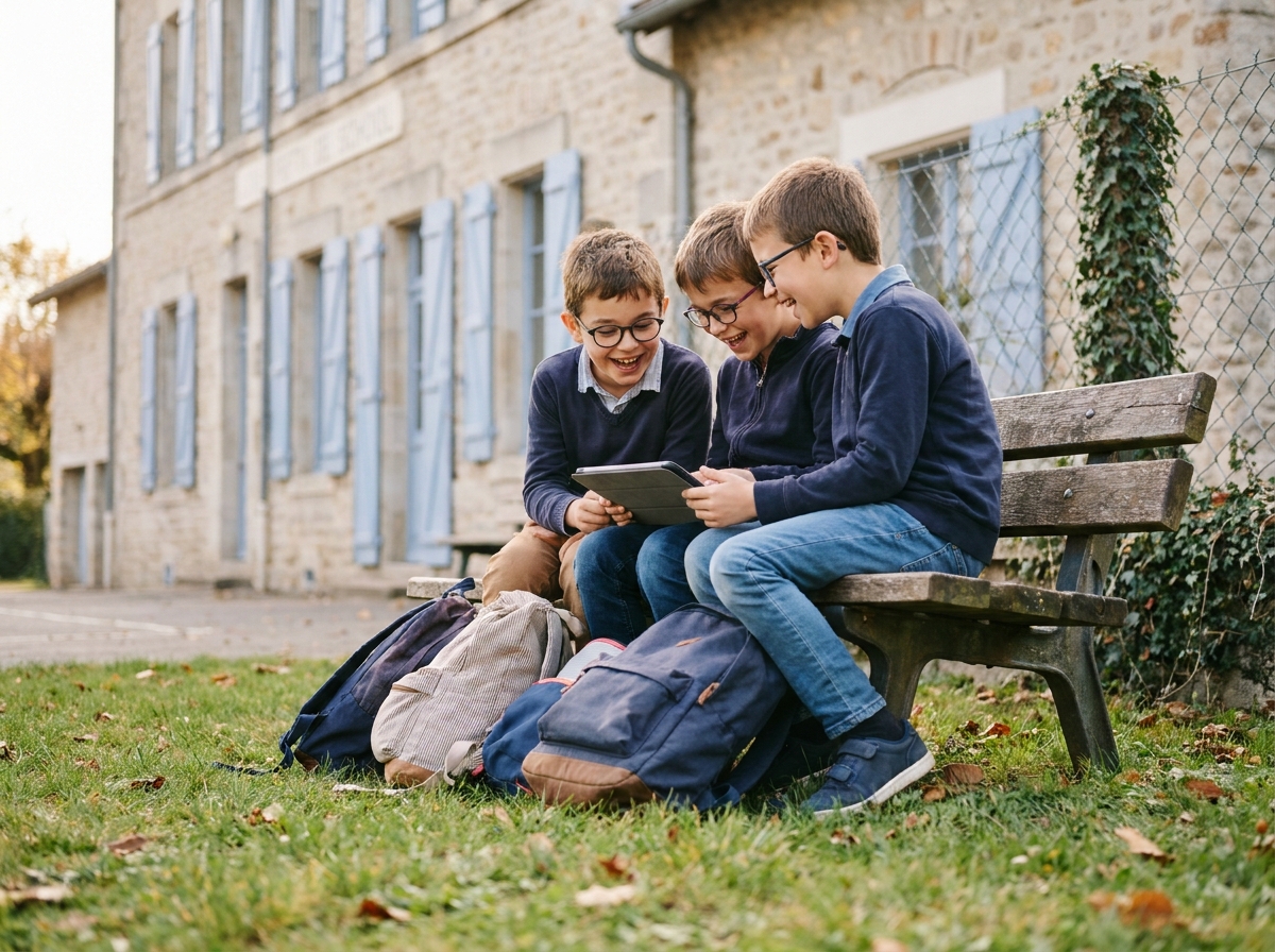 Enfants portant des lunettes dans une cour d'école primaire française, illustrant la hausse de la myopie chez les jeunes en France