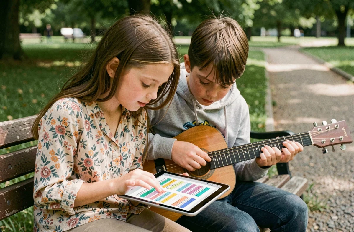 Deux enfants consultant des partitions de guitare sur une tablette numérique assis sur un banc dans un parc