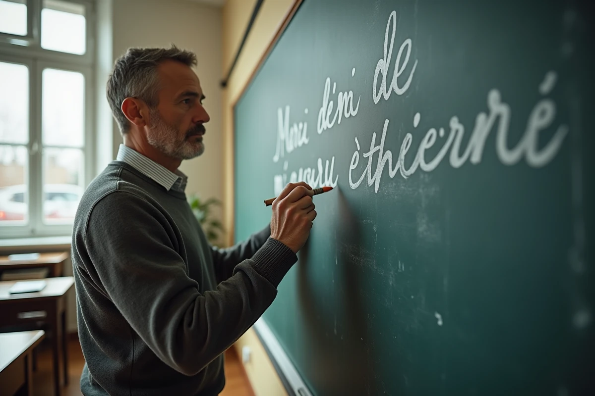 Enseignant écrivant merci sur le tableau en classe