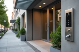 Entrée sécurisée d'un immeuble moderne accessible avec interphone numérique et marquage au sol pour personnes à mobilité réduite