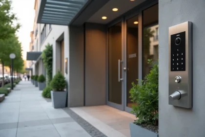 Entrée sécurisée d'un immeuble moderne accessible avec interphone numérique et marquage au sol pour personnes à mobilité réduite