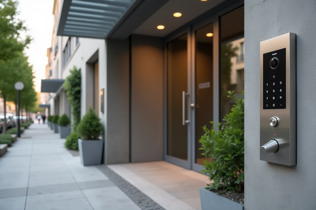 Entrée sécurisée d'un immeuble moderne accessible avec interphone numérique et marquage au sol pour personnes à mobilité réduite