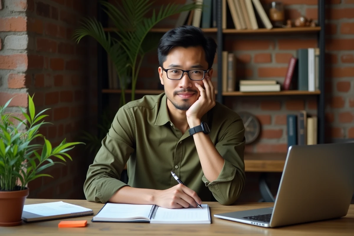 Jeune entrepreneur asiatique né en 1993 réfléchissant à sa stratégie d'entreprise dans un espace de coworking