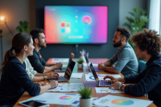 Equipe de designers UX collaborant autour d'un prototype d'interface
