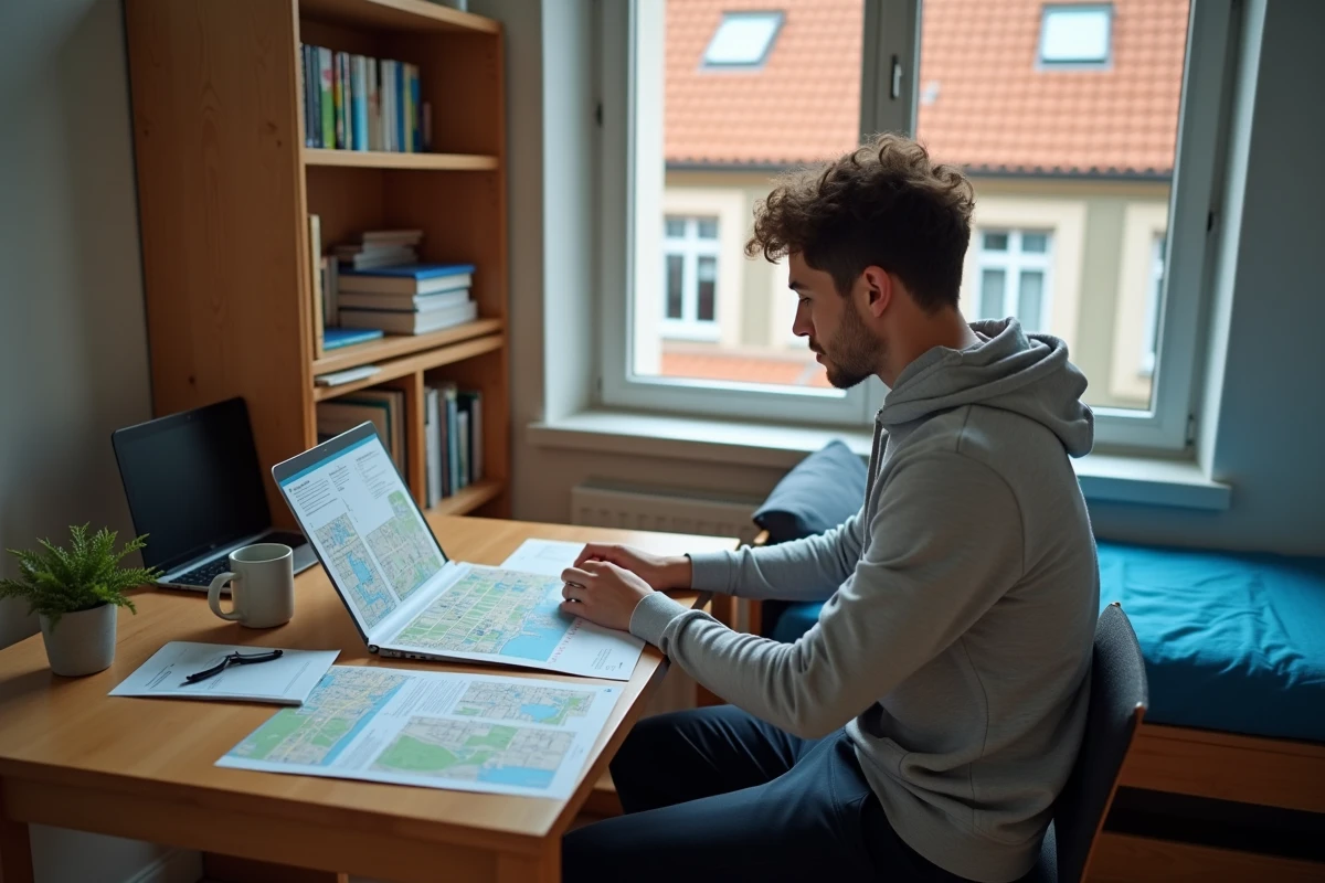 Étudiant dans son logement à Toulouse consultant un plan de campus et un guide des services universitaires