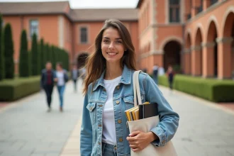 Étudiante traversant le campus de l'université de Toulouse avec des bâtiments en briques roses en arrière-plan