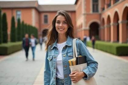 Étudiante traversant le campus de l'université de Toulouse avec des bâtiments en briques roses en arrière-plan