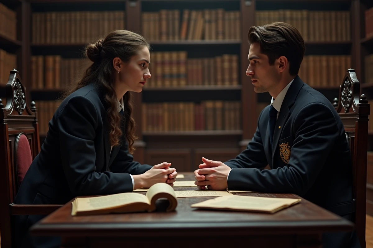 Deux étudiants en uniforme d'académie de démons dans une bibliothèque ancienne en pleine conversation tendue