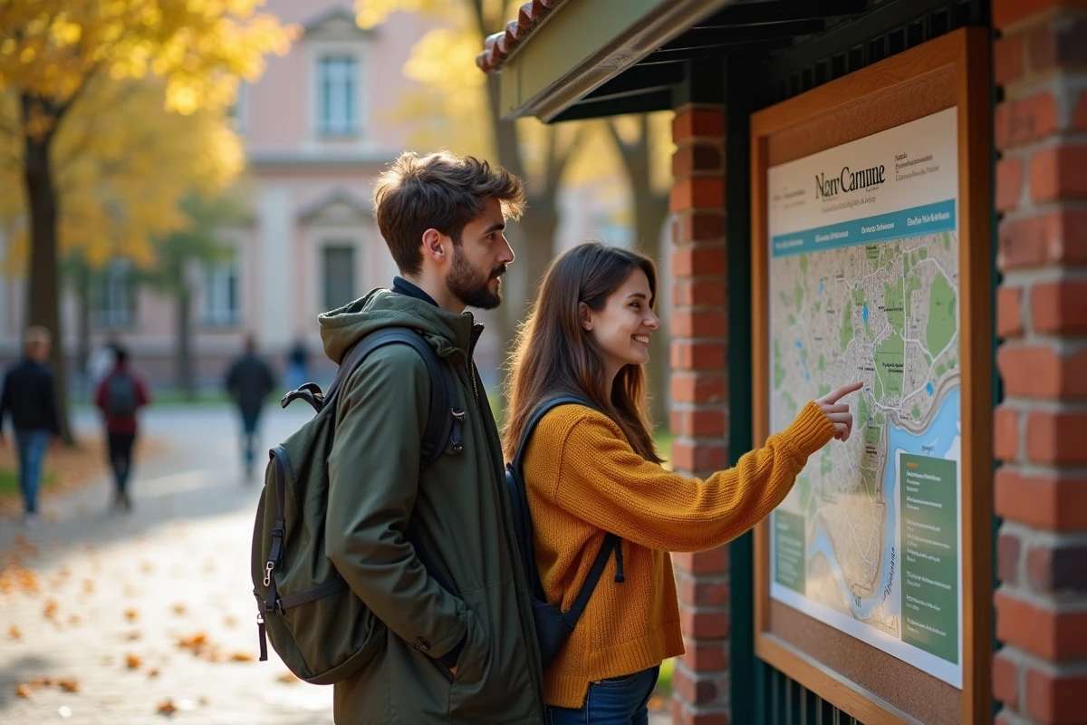 Deux étudiants consultant un panneau d'information et une carte des services sur le campus de Toulouse