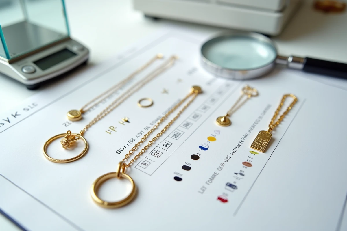 Bijoux en or étrangers posés sur une fiche de comparaison de poinçons lors d'une expertise