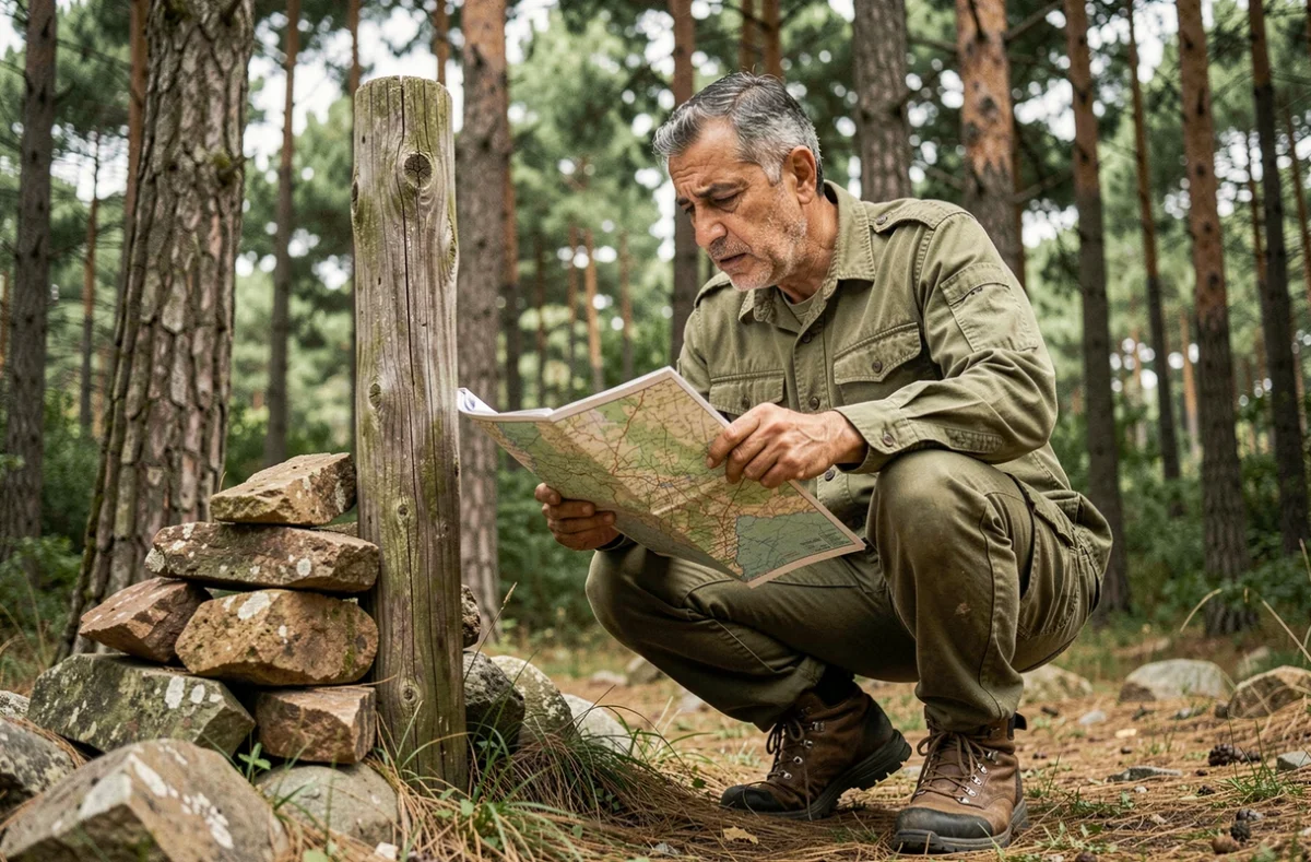 Homme étudiant une carte topographique dans la forêt de Ben Haroun lors d'une exploration des coordonnées géographiques