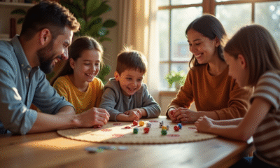 Famille jouant au jeu 421 dans un salon lumineux