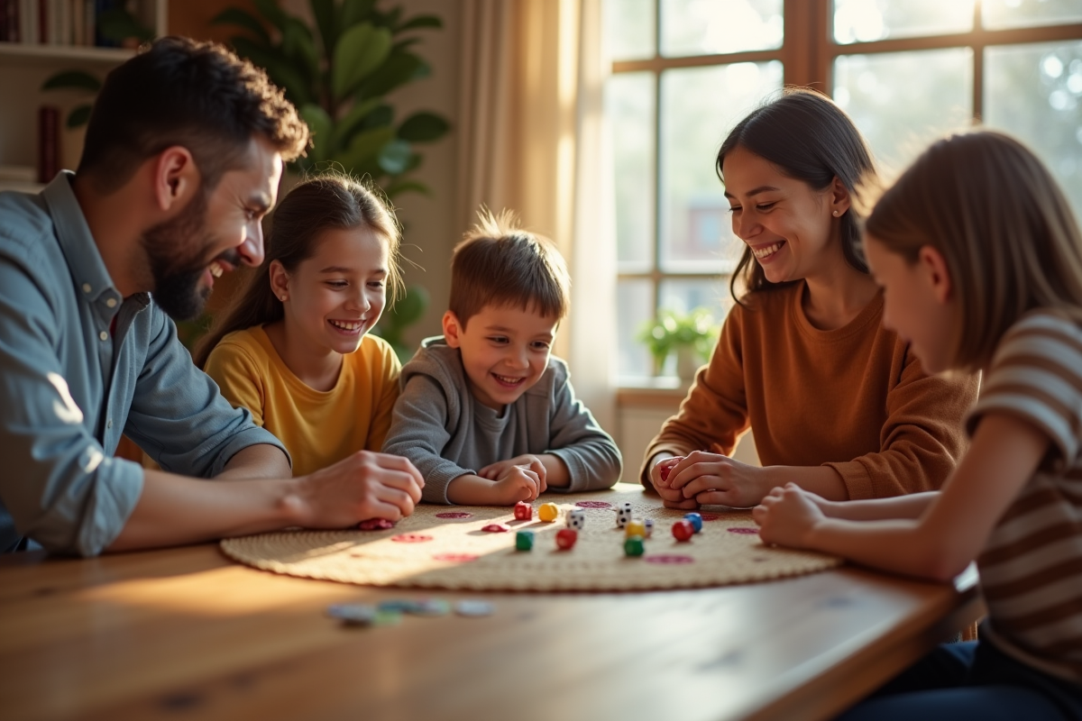 Famille jouant au jeu 421 dans un salon lumineux