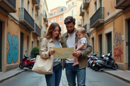 Famille avec enfant consultant un plan de rue dans un quartier populaire de Marseille