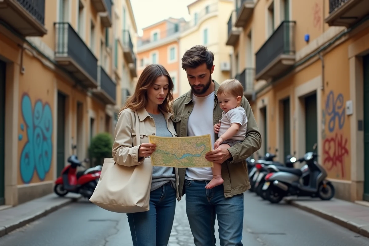 Famille avec enfant consultant un plan de rue dans un quartier populaire de Marseille