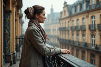 Femme élégante admirant un balcon art nouveau