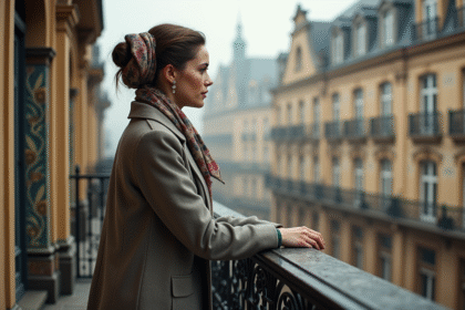 Femme élégante admirant un balcon art nouveau
