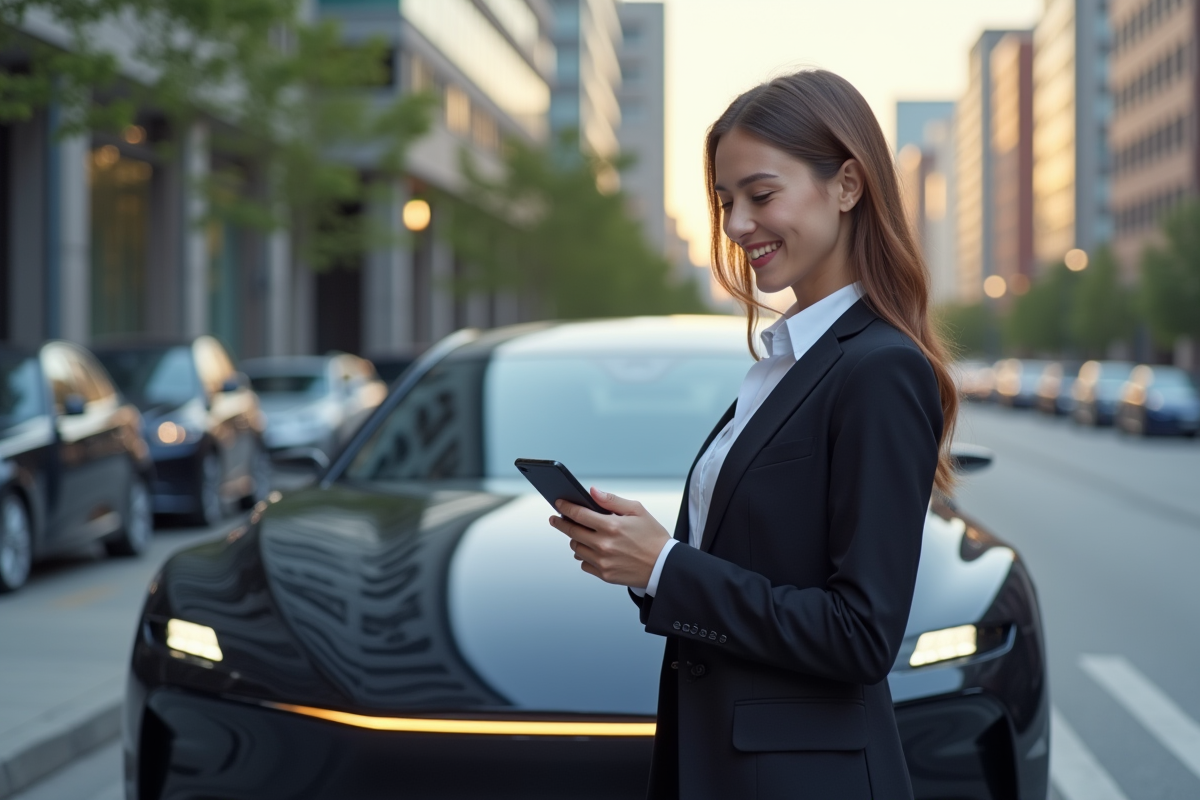 Jeune femme souriante activant le stationnement autonome
