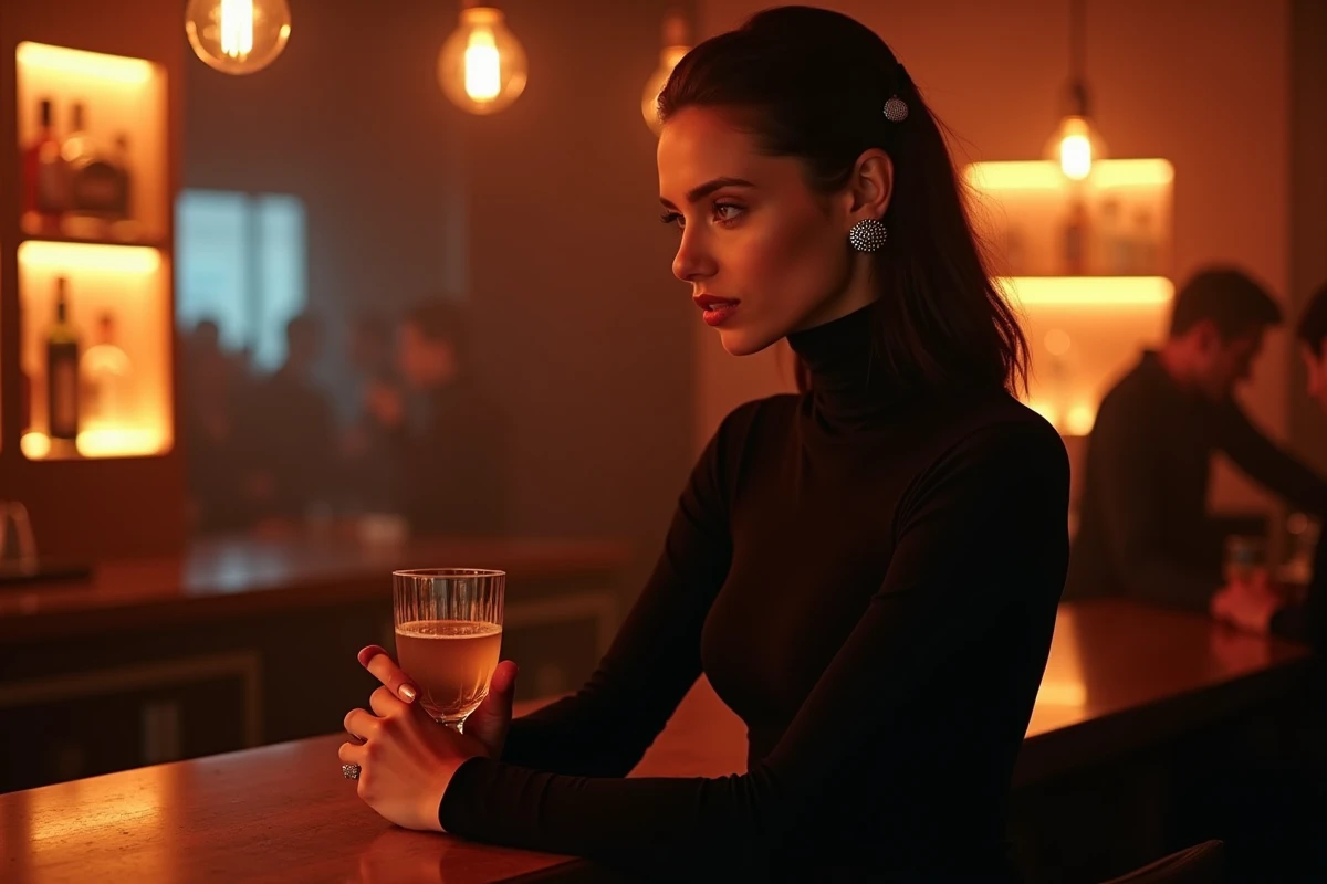 Jeune femme élégante au bar d'un club techno parisien dans une atmosphère nocturne branchée
