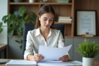 Jeune femme en bureau moderne examine documents financiers