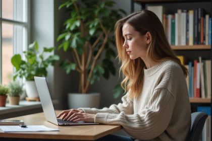 Jeune femme au bureau à domicile travaillant sur son ordinateur