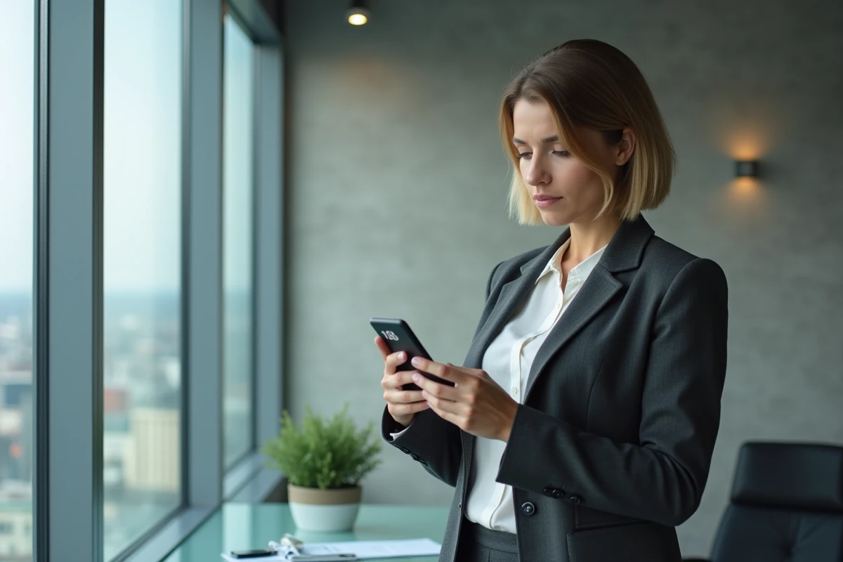 Femme professionnelle regardant son smartphone affichant 18h18 dans un bureau moderne, représentant la réflexion guidée par les heures miroirs pour les prises de décision