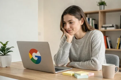 Femme assise à un bureau moderne regardant la toupie Google sur son ordinateur portable avec une expression concentrée
