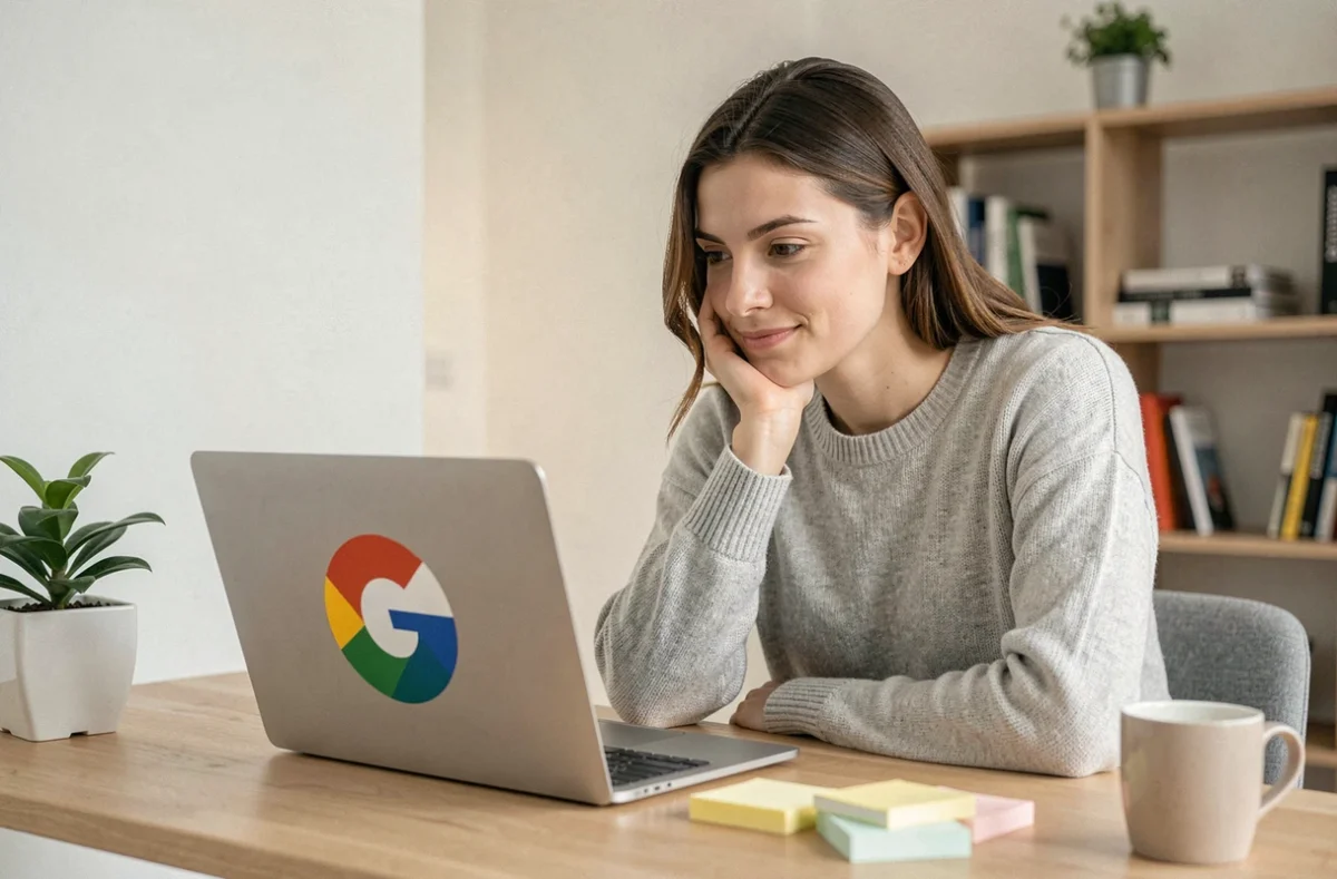Femme assise à un bureau moderne regardant la toupie Google sur son ordinateur portable avec une expression concentrée