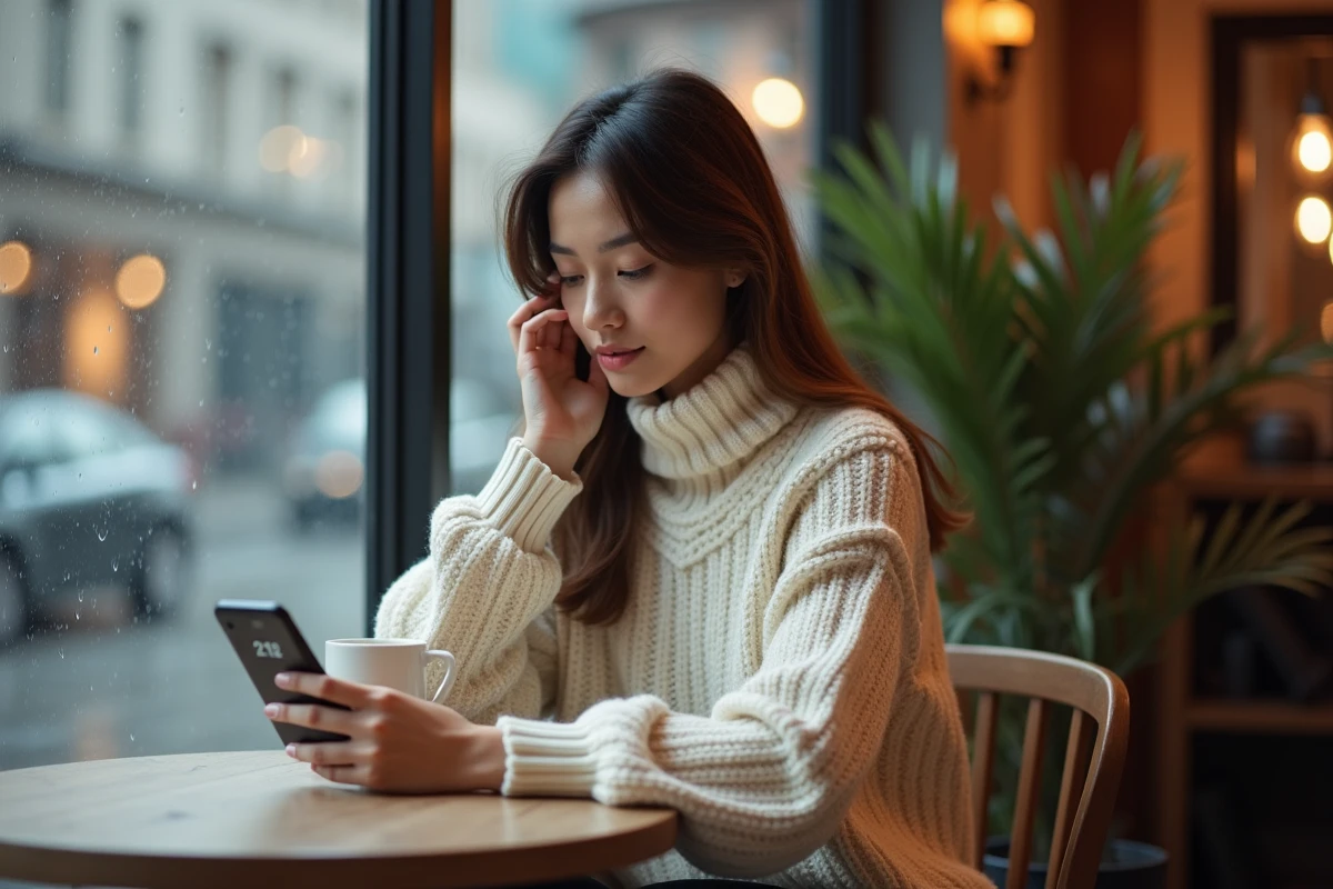 Femme en café avec mug chaud et vue urbaine pluvieuse