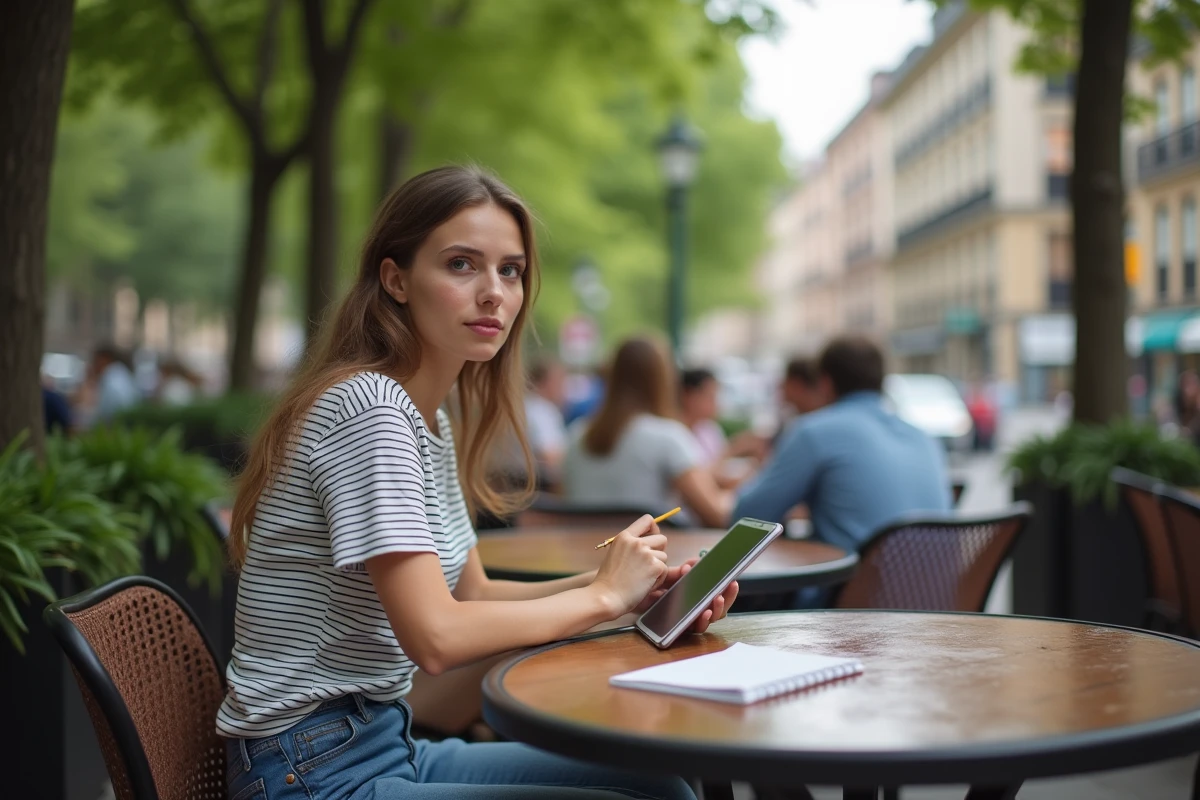 Jeune femme dans un café extérieur utilisant une tablette et prenant des notes
