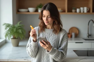 Femme tenant une carte SIM Orange entre ses doigts avec un smartphone dans la main dans une cuisine moderne