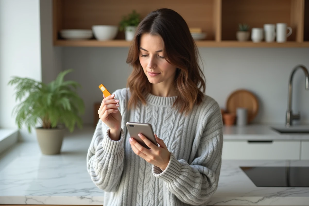 Femme tenant une carte SIM Orange entre ses doigts avec un smartphone dans la main dans une cuisine moderne
