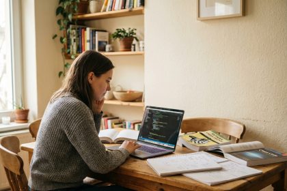 Jeune femme concentrée sur son ordinateur dans une cuisine chaleureuse