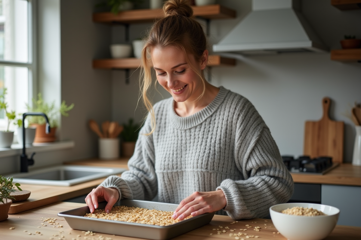 Femme en cuisine préparant des barres d'avoine maison