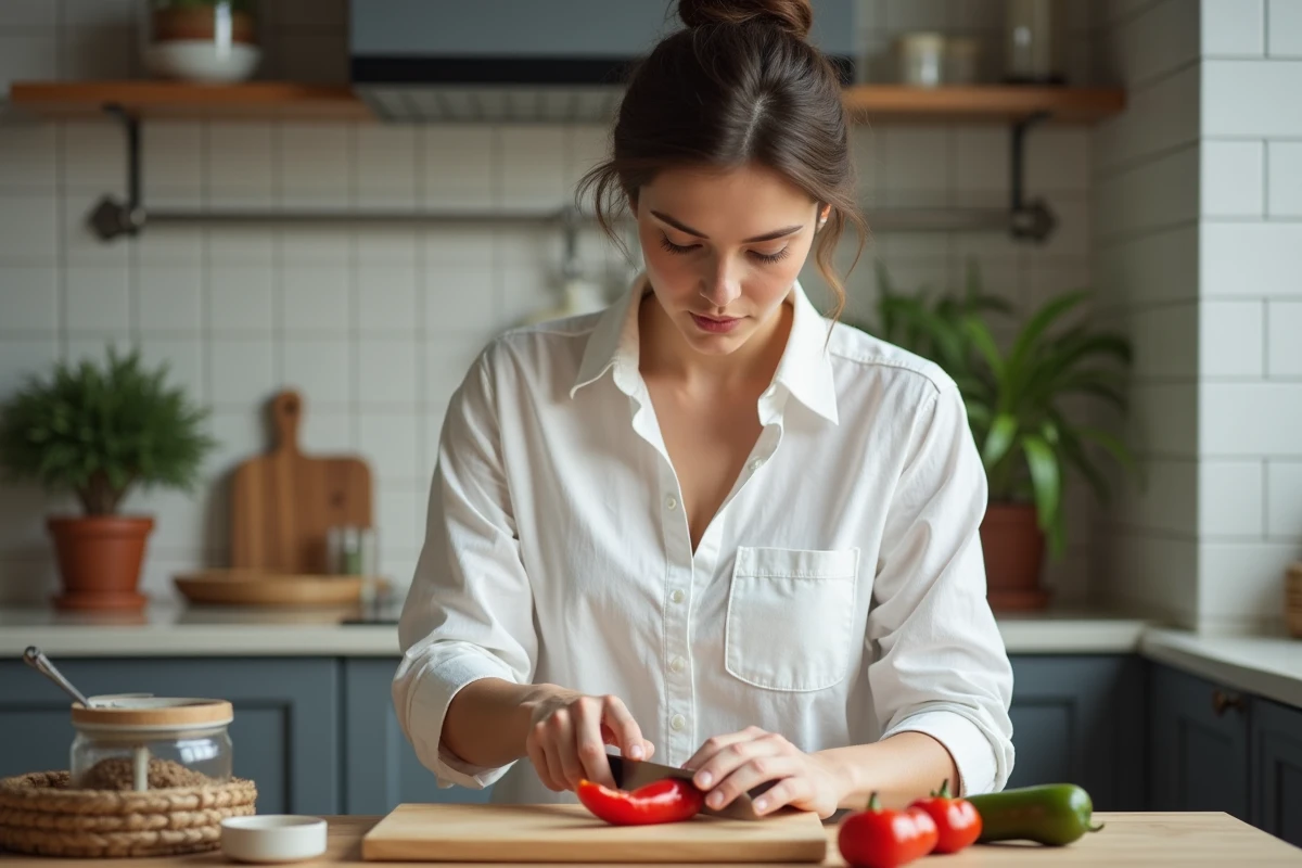 Femme en cuisine coupant un piment rouge avec une ambiance chaleureuse