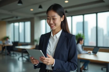 Femme entrepreneur asiatique née en 1993, signe du Coq chinois, dans un bureau moderne examinant des documents professionnels
