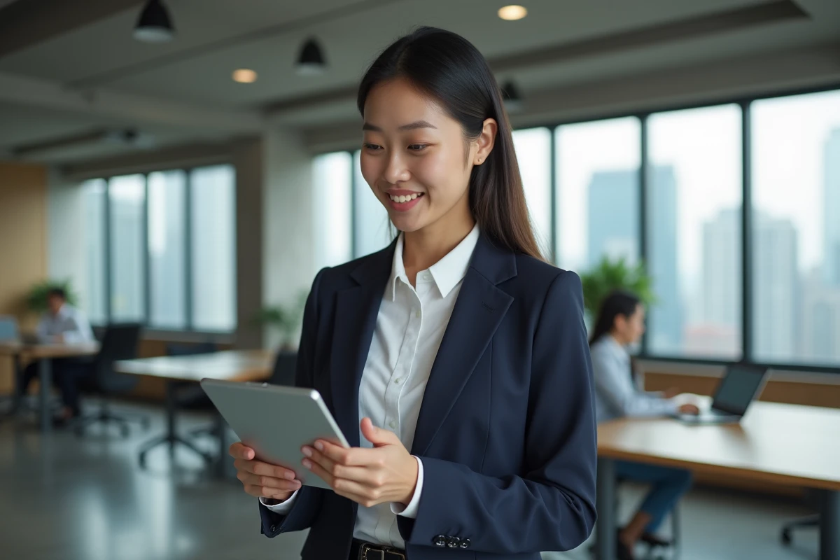 Femme entrepreneur asiatique née en 1993, signe du Coq chinois, dans un bureau moderne examinant des documents professionnels