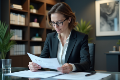 Femme d'affaires réfléchie examinant des documents sur l'éthique de l'IA