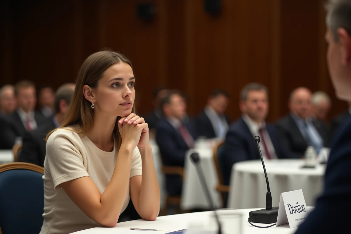 Jeune femme attentive lors d'un événement politique officiel, illustrant la présence remarquée de la compagne d'un dirigeant politique dans l'espace médiatique